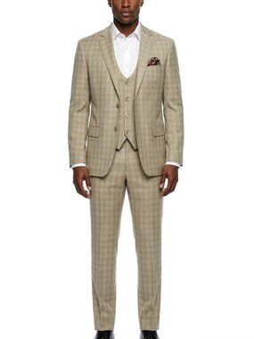 Beige Windowpane Plaid Notch Lapel 3 Piece Men's Suit